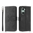 For vivo Y03 Skin-feel Flowers Embossed Wallet Leather Phone Case(Black) - 1