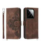 For Xiaomi 14 Skin-feel Flowers Embossed Wallet Leather Phone Case(Brown) - 1