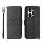 For OnePlus Ace 2V Skin-feel Flowers Embossed Wallet Leather Phone Case(Black) - 1