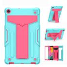 For Samsung Galaxy Tab A10.1 (2019) T510 T-shaped Bracket Contrast Color Shockproof PC + Silicone Flat Protective Case(Mint Green+Rose Red) - 1