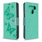 For LG K51 Two Butterflies Embossing Pattern Horizontal Flip Leather Case with Holder & Card Slot & Wallet & Lanyard(Green) - 1