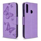 For Huawei Y6P Two Butterflies Embossing Pattern Horizontal Flip Leather Case with Holder & Card Slot & Wallet & Lanyard(Purple) - 1