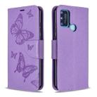 For Huawei Honor 9A Two Butterflies Embossing Pattern Horizontal Flip Leather Case with Holder & Card Slot & Wallet & Lanyard(Purple) - 1