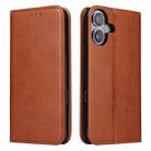 For iPhone 16 Plus Fierre Shann PU Genuine Leather Texture Phone Case(Brown) - 1