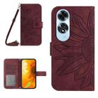 For OPPO A60 4G Skin Feel Sun Flower Embossed Flip Leather Phone Case with Lanyard(Wine Red) - 1