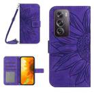 For OPPO Reno12 Pro 5G Global Skin Feel Sun Flower Embossed Flip Leather Phone Case with Lanyard(Dark Purple) - 1