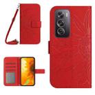 For OPPO Reno12 5G Global Skin Feel Sun Flower Embossed Flip Leather Phone Case with Lanyard(Red) - 1