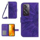 For OPPO Reno12 5G Global Skin Feel Sun Flower Embossed Flip Leather Phone Case with Lanyard(Dark Purple) - 1