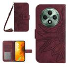 For OPPO Reno12 F 5G Global Skin Feel Sun Flower Embossed Flip Leather Phone Case with Lanyard(Wine Red) - 1