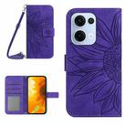For OPPO Reno13 Global Skin Feel Sun Flower Embossed Flip Leather Phone Case with Lanyard(Dark Purple) - 1