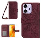 For OPPO Reno14 Pro 5G Global Skin Feel Sun Flower Embossed Flip Leather Phone Case with Lanyard(Wine Red) - 1