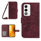 For OPPO A5 5G Global Skin Feel Sun Flower Embossed Flip Leather Phone Case with Lanyard(Wine Red) - 1