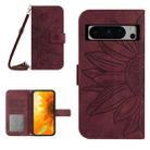 For Google Pixel 8 Pro Skin Feel Sun Flower Embossed Flip Leather Phone Case with Lanyard(Wine Red) - 1