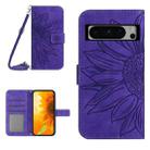 For Google Pixel 8 Pro Skin Feel Sun Flower Embossed Flip Leather Phone Case with Lanyard(Dark Purple) - 1