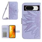 For Google Pixel 8 Skin Feel Sun Flower Embossed Flip Leather Phone Case with Lanyard(Purple) - 1