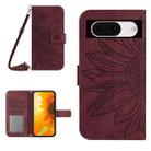 For Google Pixel 8 Skin Feel Sun Flower Embossed Flip Leather Phone Case with Lanyard(Wine Red) - 1