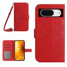 For Google Pixel 8a Skin Feel Sun Flower Embossed Flip Leather Phone Case with Lanyard(Red) - 1