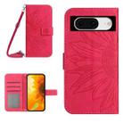 For Google Pixel 8a Skin Feel Sun Flower Embossed Flip Leather Phone Case with Lanyard(Rose Red) - 1