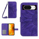 For Google Pixel 8a Skin Feel Sun Flower Embossed Flip Leather Phone Case with Lanyard(Dark Purple) - 1