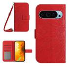 For Google Pixel 9 Pro Skin Feel Sun Flower Embossed Flip Leather Phone Case with Lanyard(Red) - 1