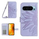 For Google Pixel 9 Pro Skin Feel Sun Flower Embossed Flip Leather Phone Case with Lanyard(Purple) - 1