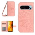 For Google Pixel 9 Pro Skin Feel Sun Flower Embossed Flip Leather Phone Case with Lanyard(Pink) - 1