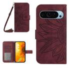 For Google Pixel 9 Pro Skin Feel Sun Flower Embossed Flip Leather Phone Case with Lanyard(Wine Red) - 1