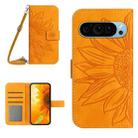 For Google Pixel 9 Pro Skin Feel Sun Flower Embossed Flip Leather Phone Case with Lanyard(Yellow) - 1