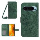 For Google Pixel 9 Pro Skin Feel Sun Flower Embossed Flip Leather Phone Case with Lanyard(Green) - 1