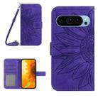 For Google Pixel 9 Pro Skin Feel Sun Flower Embossed Flip Leather Phone Case with Lanyard(Dark Purple) - 1