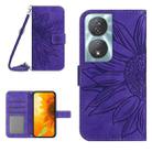 For Honor 90 Smart Skin Feel Sun Flower Pattern Leather Phone Case with Lanyard(Dark Purple) - 1