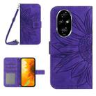 For Honor 200 5G Global Skin Feel Sun Flower Pattern Leather Phone Case with Lanyard(Dark Purple) - 1