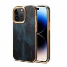 For iPhone 14 Pro Denior Oil Wax Cowhide Plating Phone Case(Blue) - 1