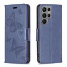 For Samsung Galaxy S24 Ultra 5G Embossing Two Butterflies Pattern Leather Phone Case(Blue) - 1