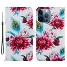 For iPhone 15 Pro Max Colored Drawing Leather Phone Case(Peacock Flower) - 1