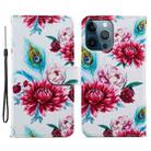 For iPhone 15 Pro Colored Drawing Leather Phone Case(Peacock Flower) - 1