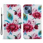 For iPhone 15 Plus Colored Drawing Leather Phone Case(Peacock Flower) - 1