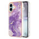 For iPhone 16 Plus Electroplating Marble Pattern Dual-side IMD TPU Shockproof Phone Case (Purple 002) - 1