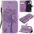 For Motorola Moto G8 Power Lite Tree & Cat Embossed Pattern Horizontal Flip Leather Case with Holder & Card Slots & Wallet & Lanyard(Light Purple) - 1