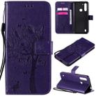 For Motorola Moto G8 Power Lite Tree & Cat Embossed Pattern Horizontal Flip Leather Case with Holder & Card Slots & Wallet & Lanyard(Purple) - 1