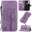 For Motorola Moto G8 Power Tree & Cat Embossed Pattern Horizontal Flip Leather Case with Holder & Card Slots & Wallet & Lanyard(Light Purple) - 1