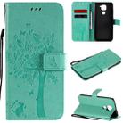 For Xiaomi Redmi Note 9 Tree & Cat Embossed Pattern Horizontal Flip Leather Case with Holder & Card Slots & Wallet & Lanyard(Green) - 1