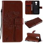 For Xiaomi Redmi Note 9 Tree & Cat Embossed Pattern Horizontal Flip Leather Case with Holder & Card Slots & Wallet & Lanyard(Coffee) - 1