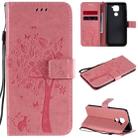 For Xiaomi Redmi Note 9 Tree & Cat Embossed Pattern Horizontal Flip Leather Case with Holder & Card Slots & Wallet & Lanyard(Pink) - 1