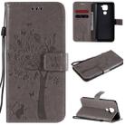 For Xiaomi Redmi Note 9 Tree & Cat Embossed Pattern Horizontal Flip Leather Case with Holder & Card Slots & Wallet & Lanyard(Grey) - 1