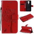 For Xiaomi Redmi Note 9 Tree & Cat Embossed Pattern Horizontal Flip Leather Case with Holder & Card Slots & Wallet & Lanyard(Red) - 1