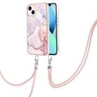 For iPhone 15 Plus Electroplating Marble Pattern IMD TPU Shockproof Case with Neck Lanyard(Rose Gold 005) - 1