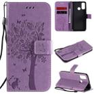 For Huawei P Smart 2020 Tree & Cat Embossed Pattern Horizontal Flip Leather Case with Holder & Card Slots & Wallet & Lanyard(Light Purple) - 1