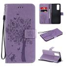 For Huawei Honor 30 Tree & Cat Embossed Pattern Horizontal Flip Leather Case with Holder & Card Slots & Wallet & Lanyard(Light Purple) - 1