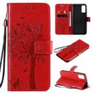 For Huawei Honor Play4T Pro Tree & Cat Embossed Pattern Horizontal Flip Leather Case with Holder & Card Slots & Wallet & Lanyard(Red) - 1